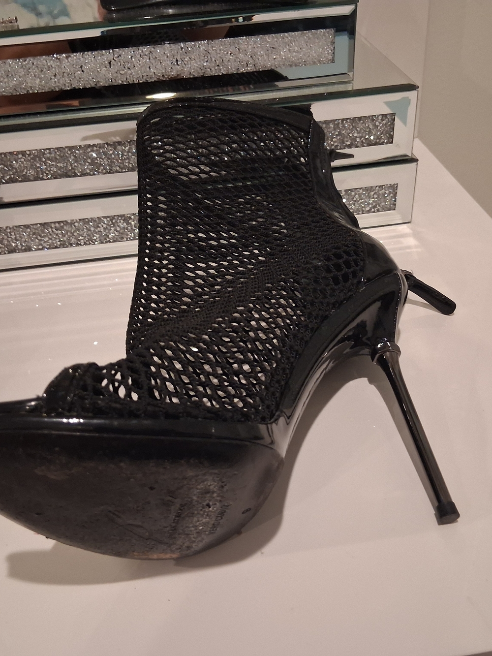 Brian Artwood Black Mesh Peep-Toe Stiletto Bootie with Patent Heel